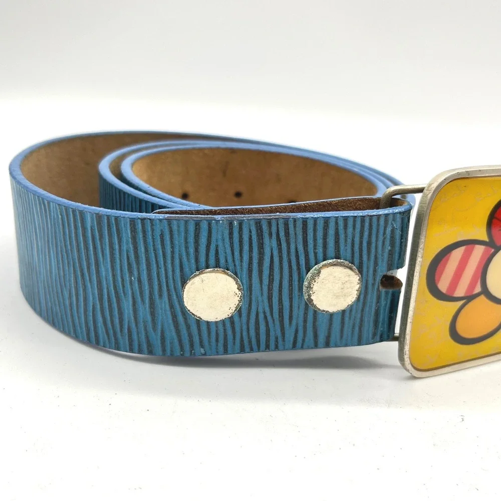 Romero Britto Pop Art Flower Power Correart Blue Leather Belt Medium Retro Y2K